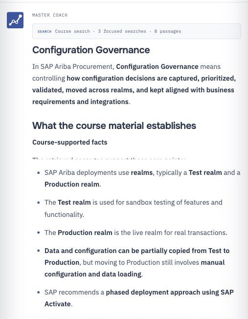 Master Coach scrolling from a Configuration Governance explanation into course-supported facts